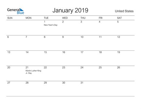 United States January 2019 Calendar With Holidays