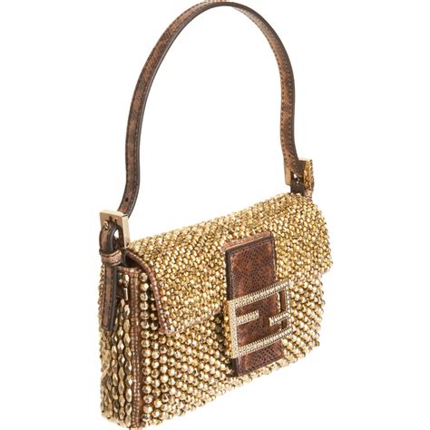 Fendi Mini Beaded Baguette Bag In Gold Gunmetal Lyst