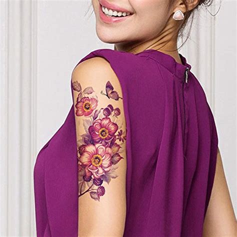 Taflt Purple Flower And Butterfly Fake Tattoos Look Real Waterproof Arm Temporary Tattoos For