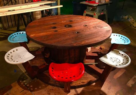Wire spool and tractor seats to cool picnic table. Spool Table - by RockinJB @ LumberJocks.com ~ woodworking ...
