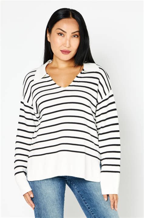 Buy Esprit Women V Neck Long Sleeve Stripe Sweater Black White Online