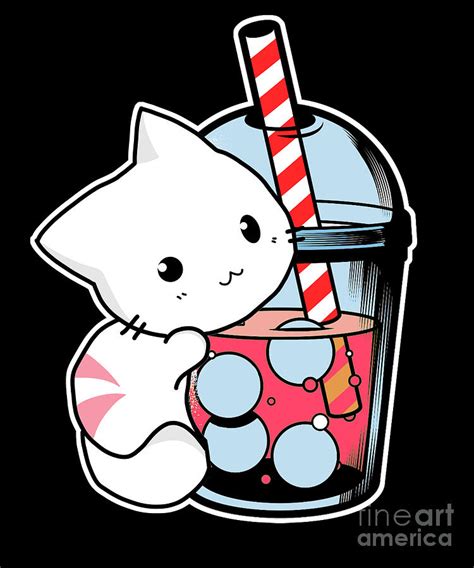 Kawaii Boba Cute Anime Cat Drinking Tea Kawaii Digital Art By