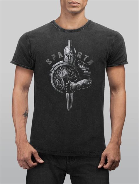 Herren Vintage Shirt Aufdruck Sparta Spartaner Helm Krieger Warrior