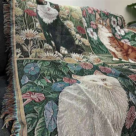 Vintage Cat Print Knitted Tapestry With Tassel Cat Throw Etsy