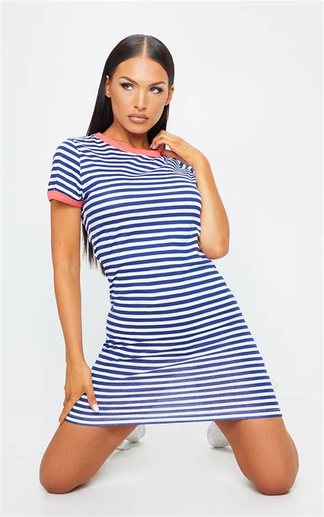 Blue Stripe T Shirt Dress Dresses Prettylittlething Qa