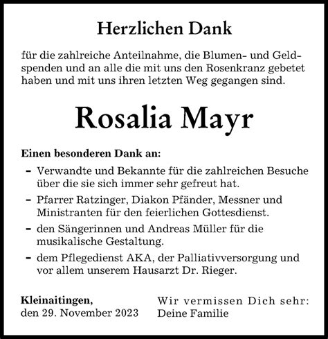 Traueranzeigen Von Rosalia Mayr Augsburger Allgemeine Zeitung