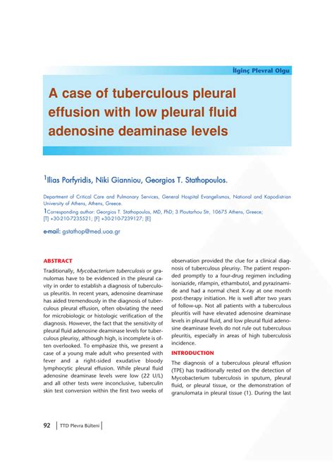 PDF A Case Of Tuberculous Pleural Effusion With Low Pleural Fluid