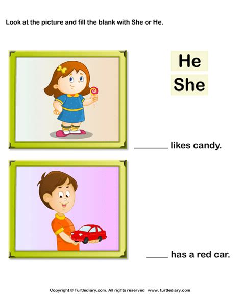 These actions have not occurred yet. Use of the Words She or He in a Sentence Worksheet ...
