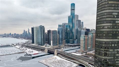 Beautiful View Of The Chicago Skyline And Winter Coast Under The Cloudy