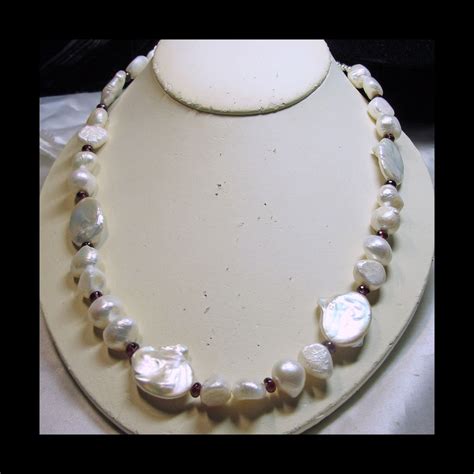 Freshwater Baroque And Coin Pearl Necklace With Garnets From Lantiques