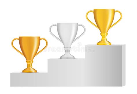 Set Of Bronze Silver And Gold Trophies On Steps Isolated On White