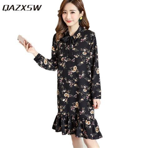 qazxsw 2018 new spring plus size dress for women long sleeve women render dress irregular neck