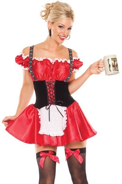 2 Pc Serve Drinks In This Sexy Bavarian Beer Girl Costume Red Satin Dress Features Gathered