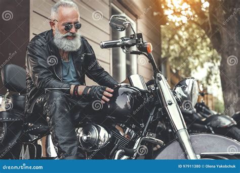 Interested Old Man Checking Motorbike Stock Photo Image Of Detail