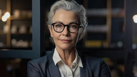 Premium Ai Image A Woman Wearing Glasses Stands In A Library
