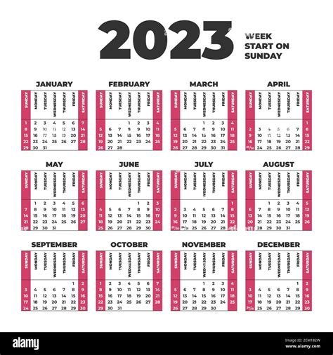 2023 Plantilla De Calendario Con Semanas Comienzan El Domingo Imagen
