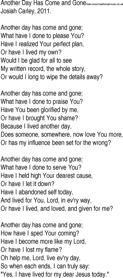 Hymn And Gospel Song Lyrics For Another Day Has Come And Gone By Josiah
