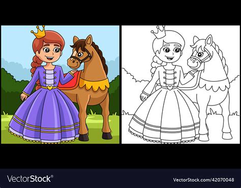 Princess And Horse Coloring Page Royalty Free Vector Image