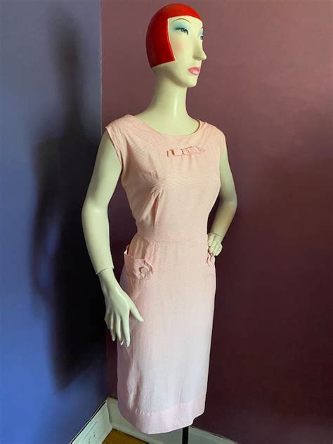 Vintage 1950s Wiggle Dress Pink Gingham Xl Gem