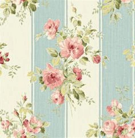 Dollhouse Miniature Shabby Chic Wallpaper Pink Roses Blue Stripe Floral