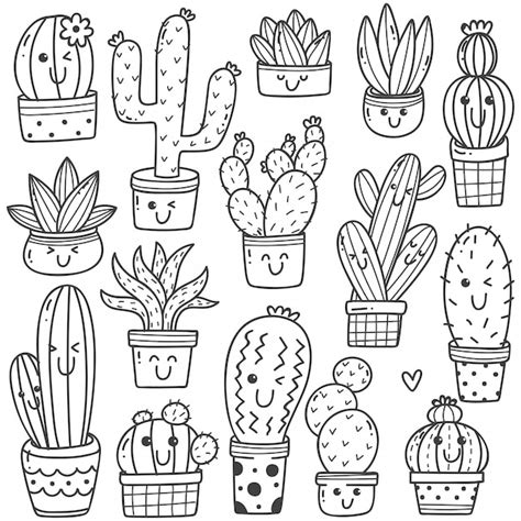 Premium Vector Set Of Cactus Plant In Kawaii Doodle