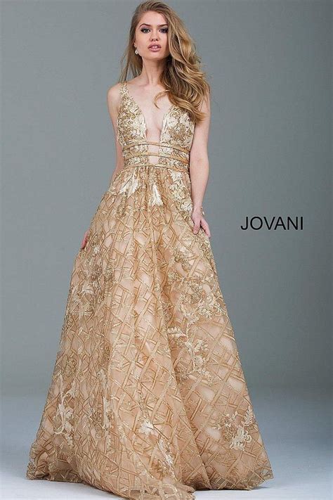 Jovani Gold Embellished Plunging Neckline Evening Gown 51165 In 2020