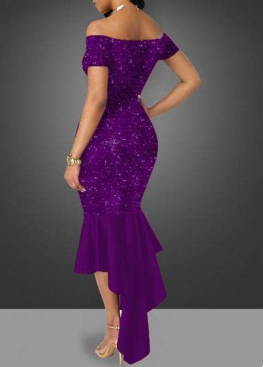 Off The Shoulder Sequin Embellished Purple Sheath Dress