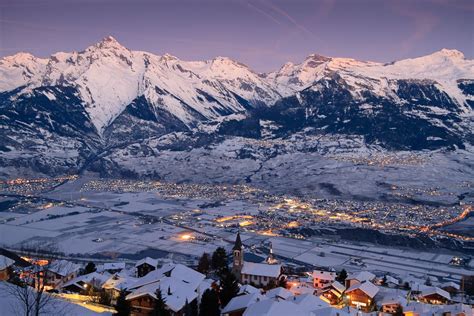 Veysonnaz And Sion Switzerland Winter Night View Friburgo Lucerna