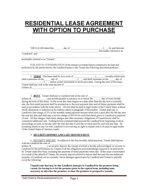 Free Florida Lease Agreement With Option To Purchase Pdf