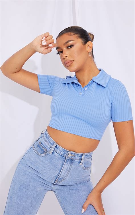 blue rib cropped polo top tops prettylittlething usa