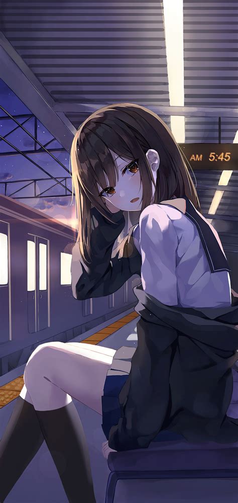 1080x2280 Anime School Girl Sitting In Train Platform 4k One Plus 6