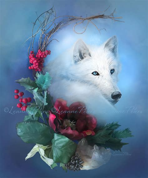 White Wolf Art Print Floral Christmas Wreath Print Spirit Etsy