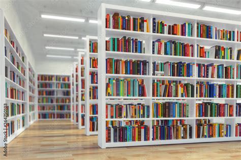 Library Background From White Bookshelves With Books And Textbooks