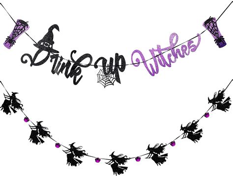 2 Pieces Halloween Witches Banner Black And Purple Glitter