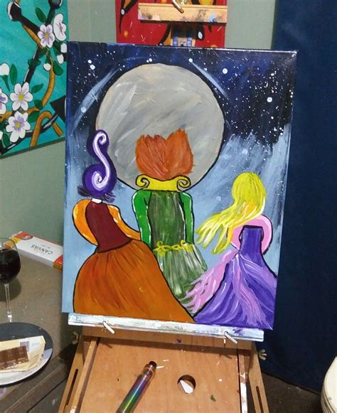 Hocus Pocus Three Witches Acrylic Paint Canvas Art Paint Night