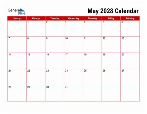 Basic Monthly Calendar May 2028