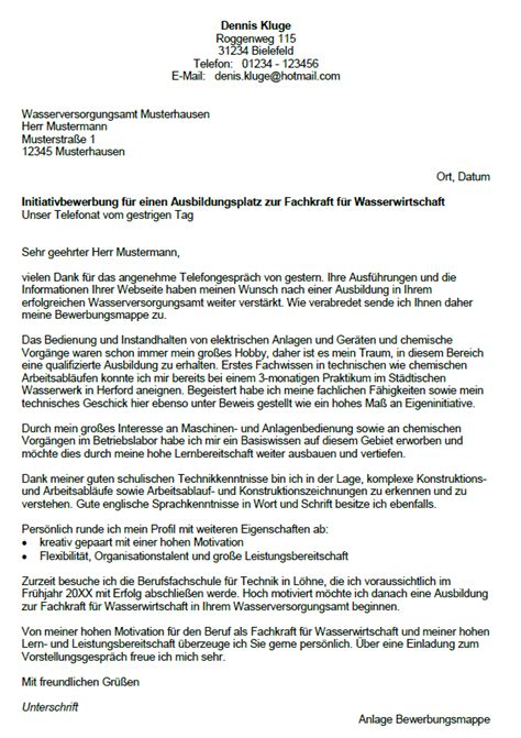 Das lohnt sich erst bei einem sehr langen lebenslauf. Bewerbung - Fachkraft für Wasserwirtschaft (Ausbildung ...