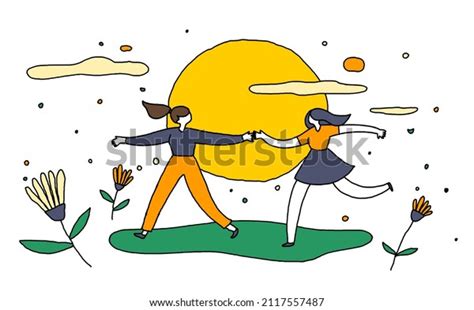 Two Female Friends Walking Together Raster Stock Illustration