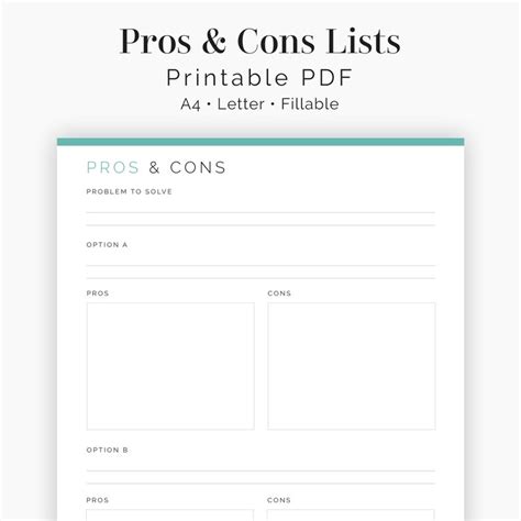 Pros And Cons Lists 2 Layouts Fillable Printable Pdf Etsy