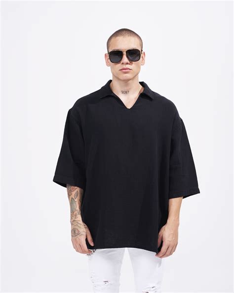 Mens Oversized Linen Fabric Shirt With V Neck In Black Martin Valen