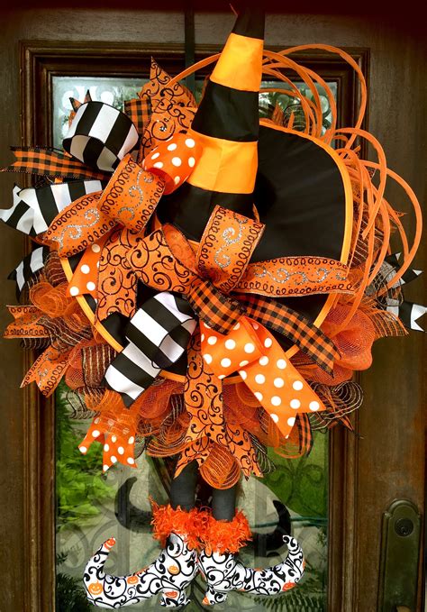 Orange And Black Witch Halloween Wreath With Hat And Legs Diy