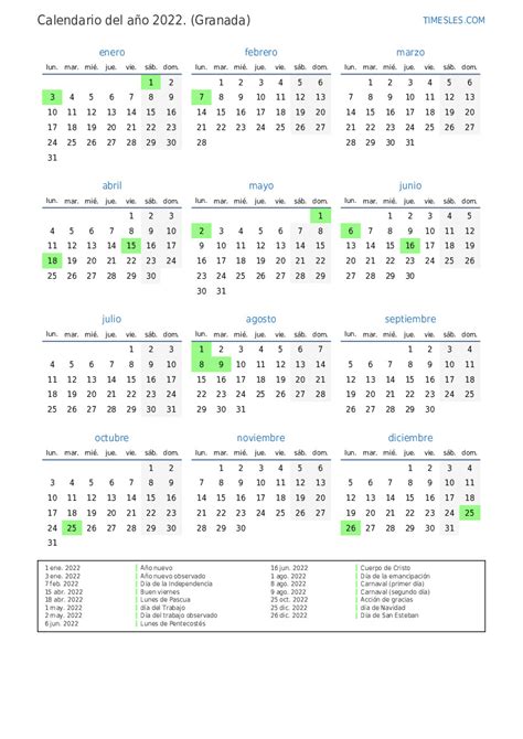 Calendario 2022 Con Días Festivos En Granada Imprimir Y Descargar