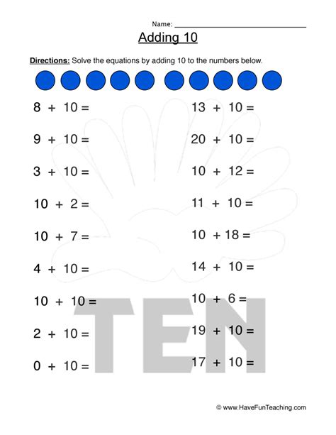 Adding 10 To Numbers Worksheets