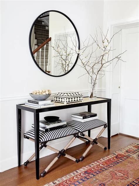 Black And White Striped Stools Under Black Console Table Transitional