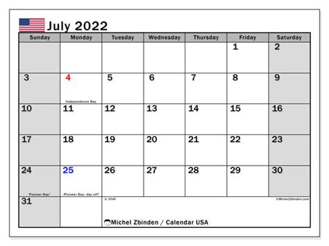 July 2022 Printable Calendar “united States” Michel Zbinden Us