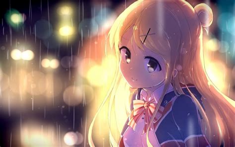 Anime Girl Cute Rain Blonde Long Hair Wallpaper