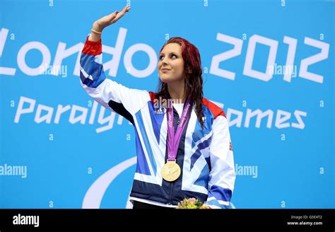 Great Britains Jessica Jane Applegate On The Podium With Her Gold Medal After The Womens 200m