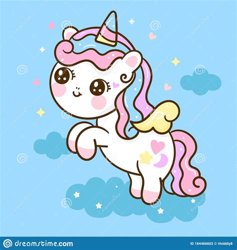 Flat Unicorn Fairy Cartoon Cute Pony Child Jump In Air With Star And