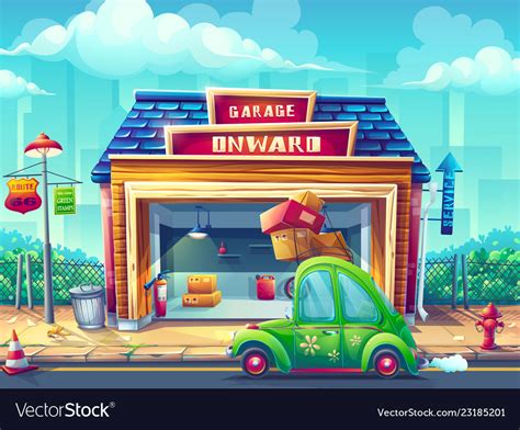 Cartoon Garage With The Royalty Free Vector Image