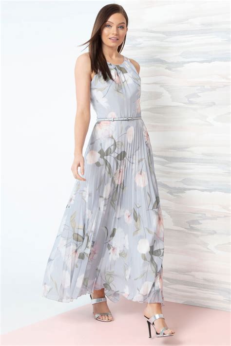Floral Pleated Maxi Dress In Grey Roman Originals Uk